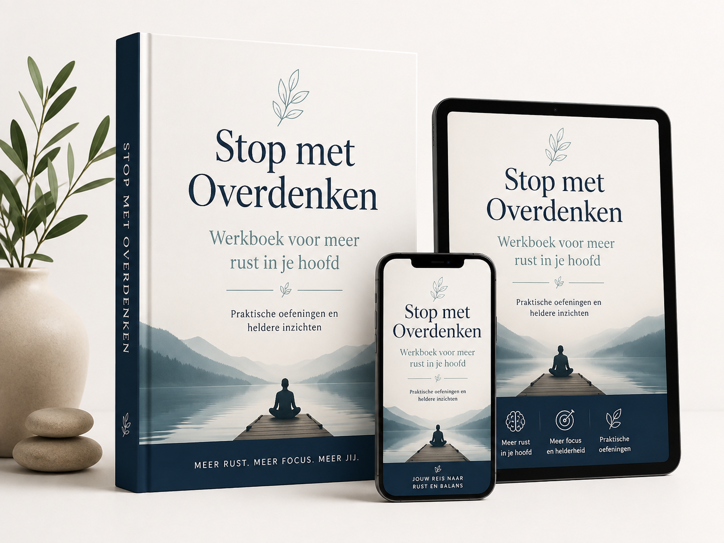 Het werkboek Stop met Overdenken op boek, tablet en telefoon