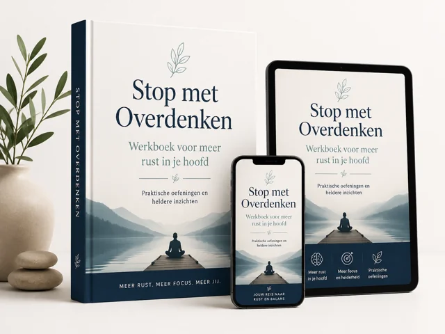 Stop met Overdenken op een boek, tablet en telefoon. Je ontvangt alleen het digitale PDF-werkboek.